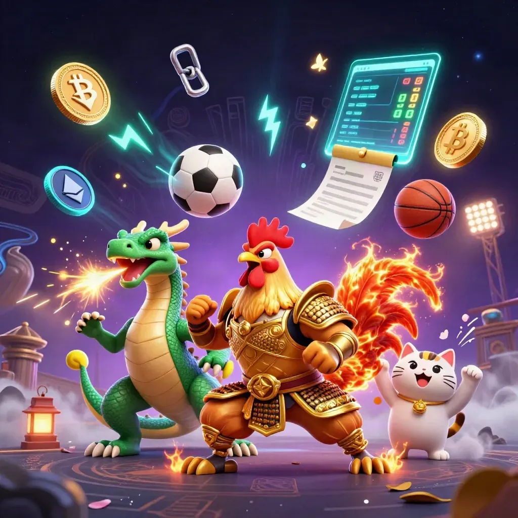 Roosterkrijger, draakje en gelukskat tussen crypto munten, neon licht en casino magie.