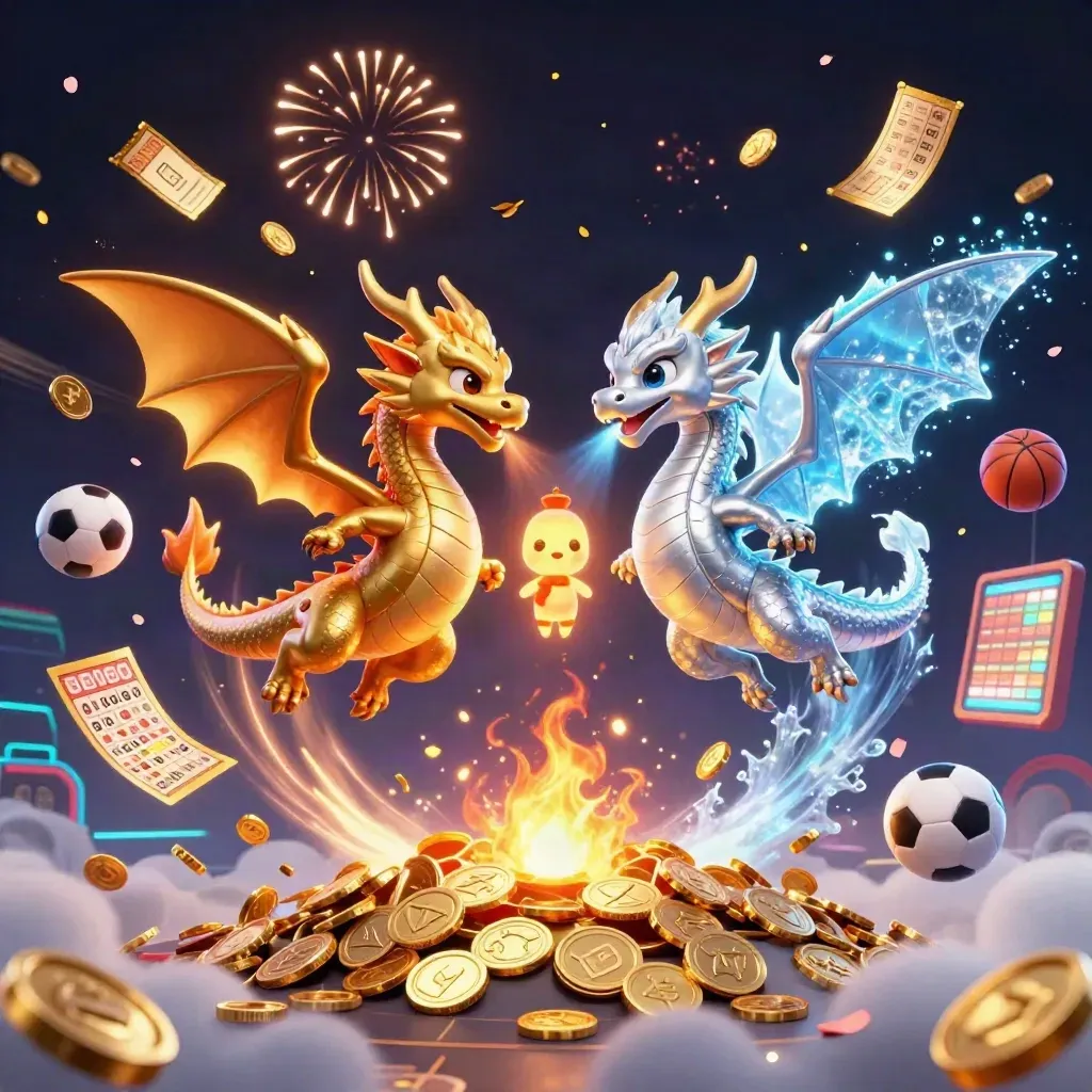 Twee draken van goud en zilver zweven rond een geestlantaarn met loten, munten en vuurwerk.