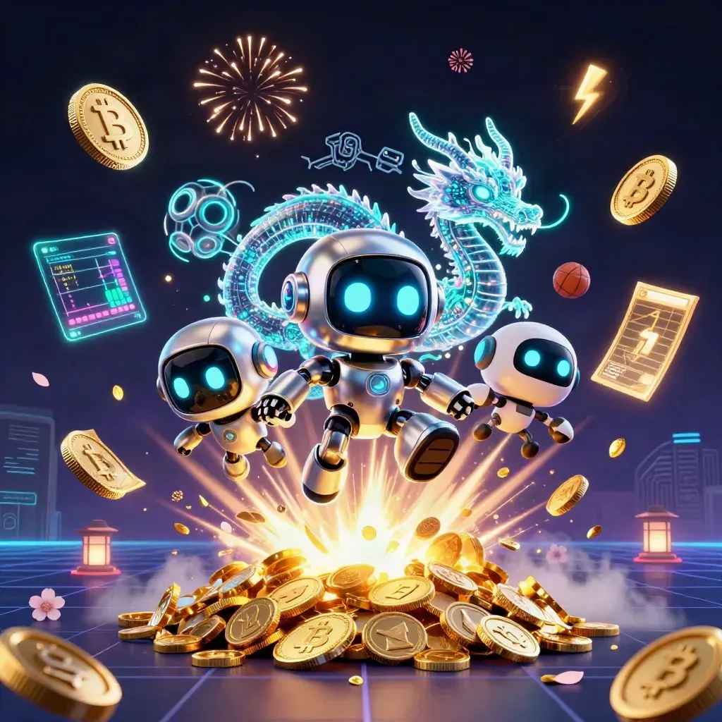 Robot, digitale draak en drone tussen gouden munten, vuurwerk en neon casino-effecten.