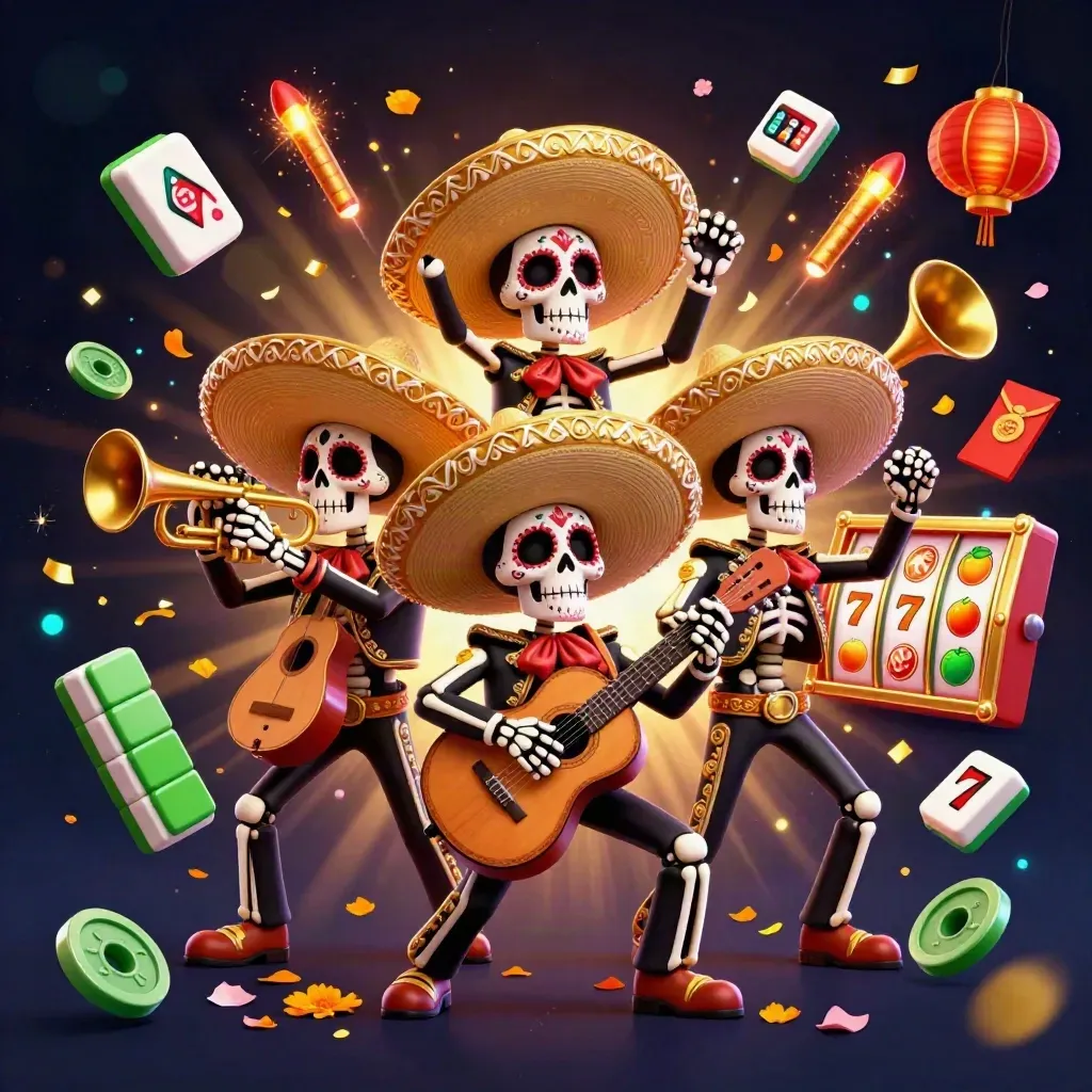 Drie skeletmariachi’s tussen neon casino-symbolen en gouden lichtstralen.